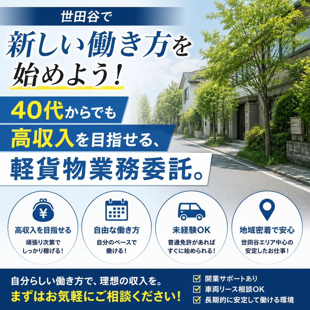 世田谷で新しい働き方を始めよう！40代からでも高収入を目指せる、軽貨物業務委託。